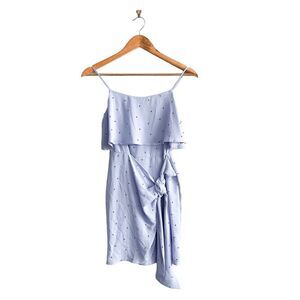 Lush Mini Dress Flounce Side Tie Blue Spaghetti Straps Women's S Back Zip Lined